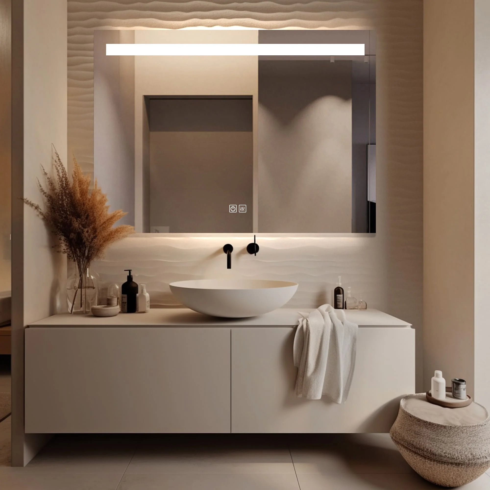 Sleek and sophisticated LED lighting around a bathroom mirror, blending functionality with style.