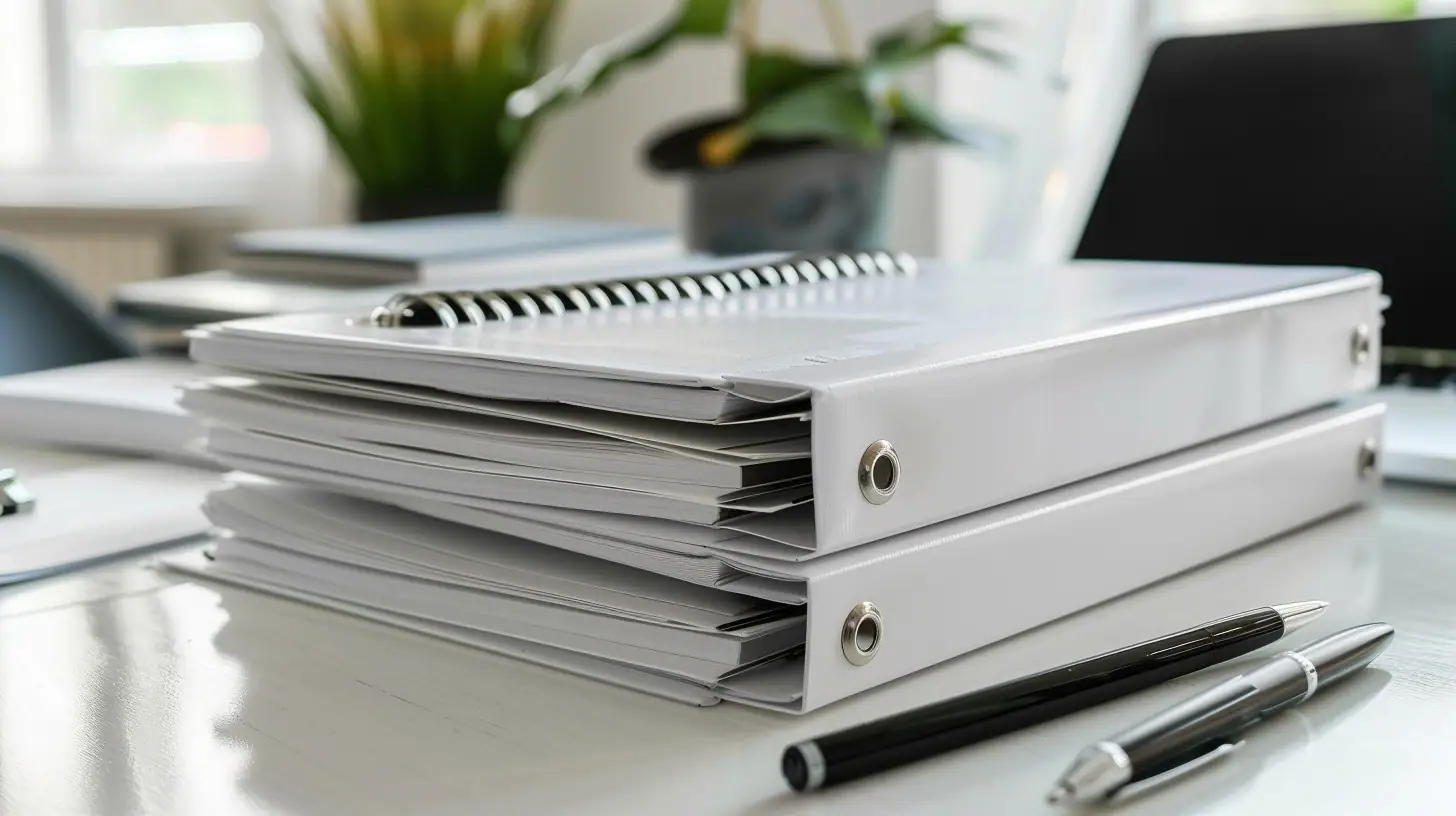 Two large, white ring binders stacked on a white desk with a spiral notebook on top, accompanied by two pens in the foreground, and an office chair and potted plant blurred in the background.