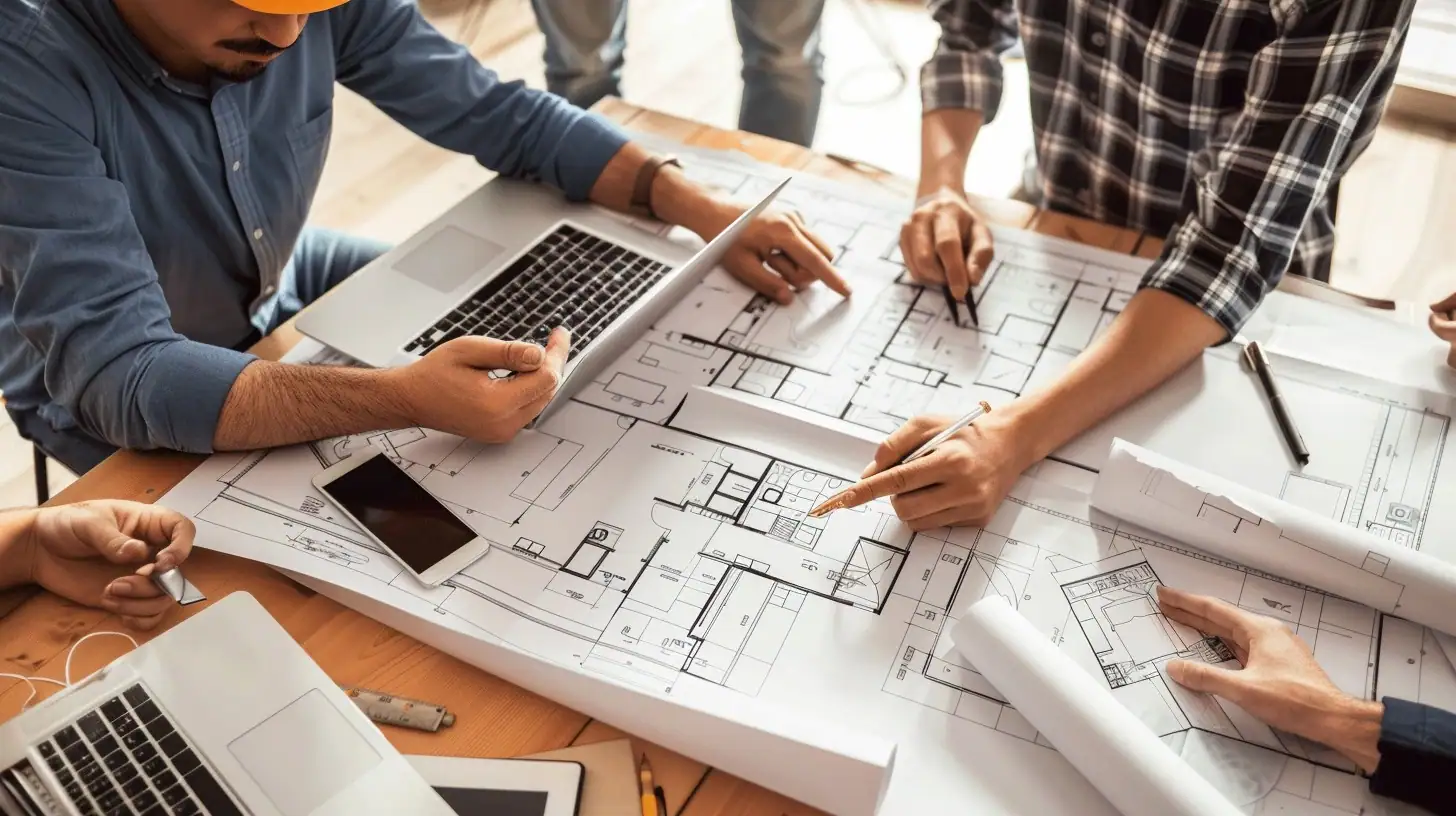 A group of professionals working together at a wooden table, examining and discussing over large architectural blueprints. Their hands point to specific details on the plans, with laptops, smartphones, measuring tools, and rolled-up documents surrounding the workspace, indicative of a busy and collaborative design session.
