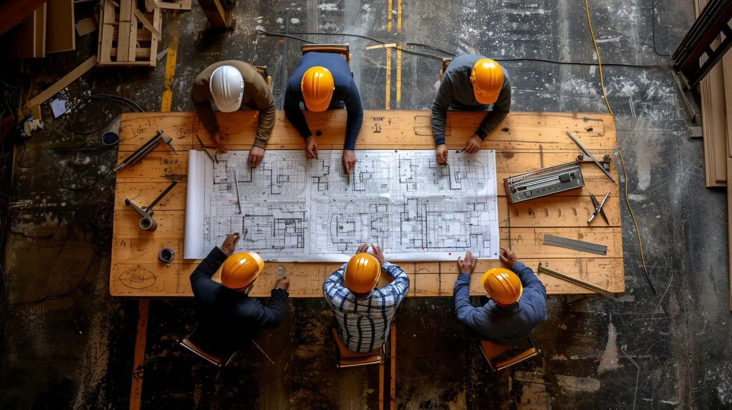 Overhead shot of six professionals in hard hats leaning over a large set of building blueprints on a wooden table. Their concentration is palpable as they discuss the architectural plans, surrounded by construction tools, suggesting a collaborative effort in an industrial setting.
