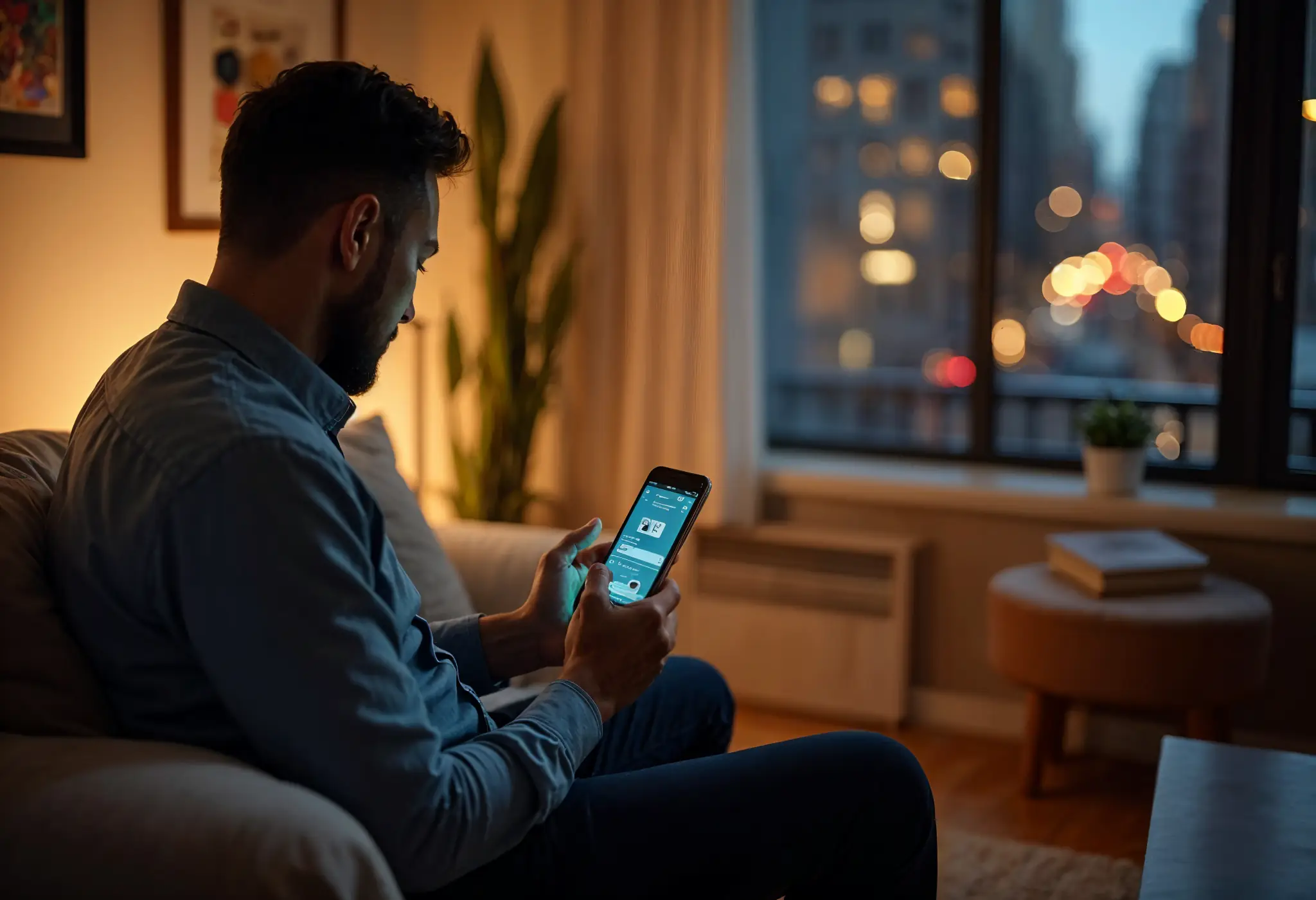 A Manhattan homeowner enjoying the benefits of luxury home automation with remote control of home systems.