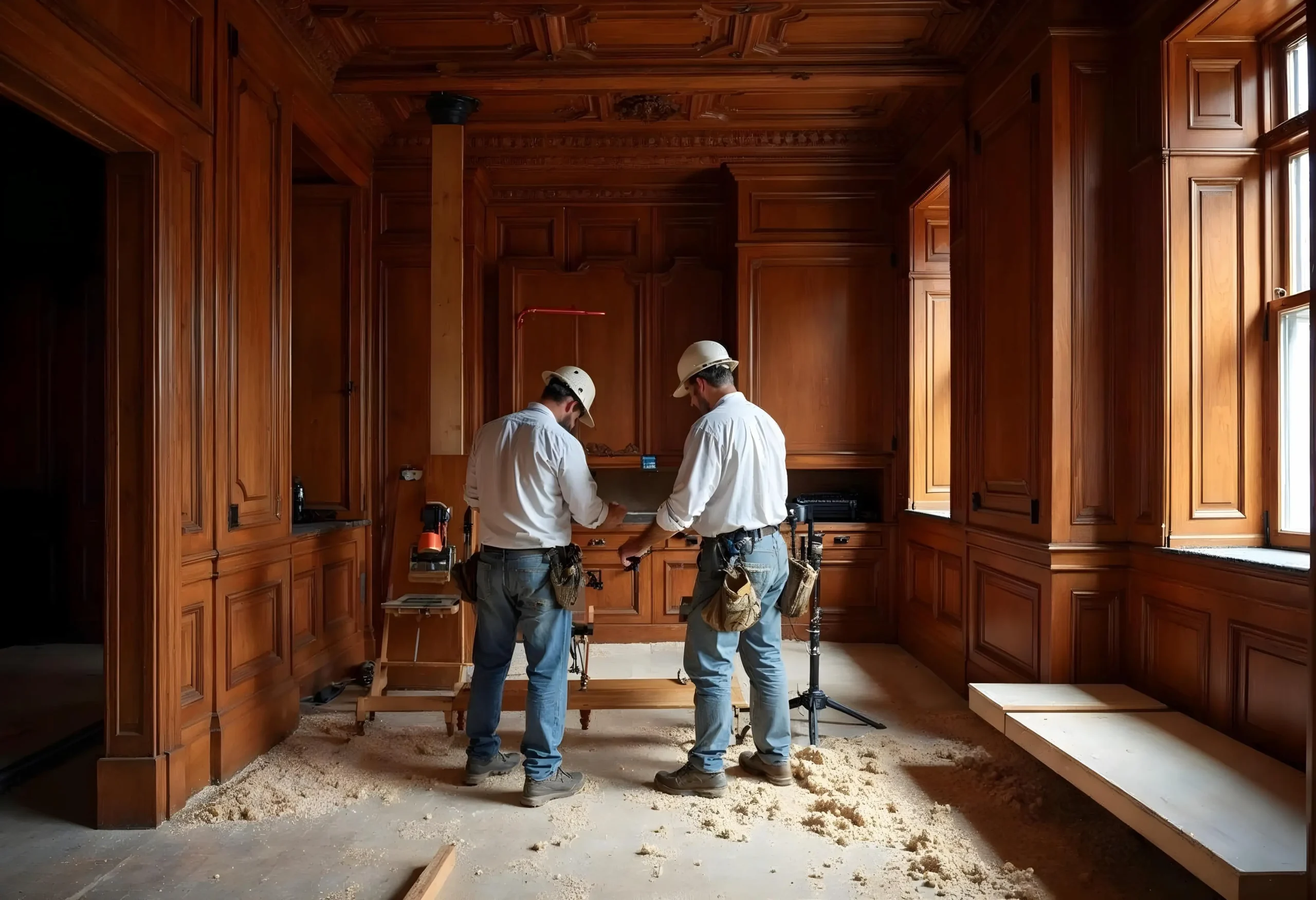 Craftsmen installing intricate custom millwork and cabinetry in a luxury Manhattan home.