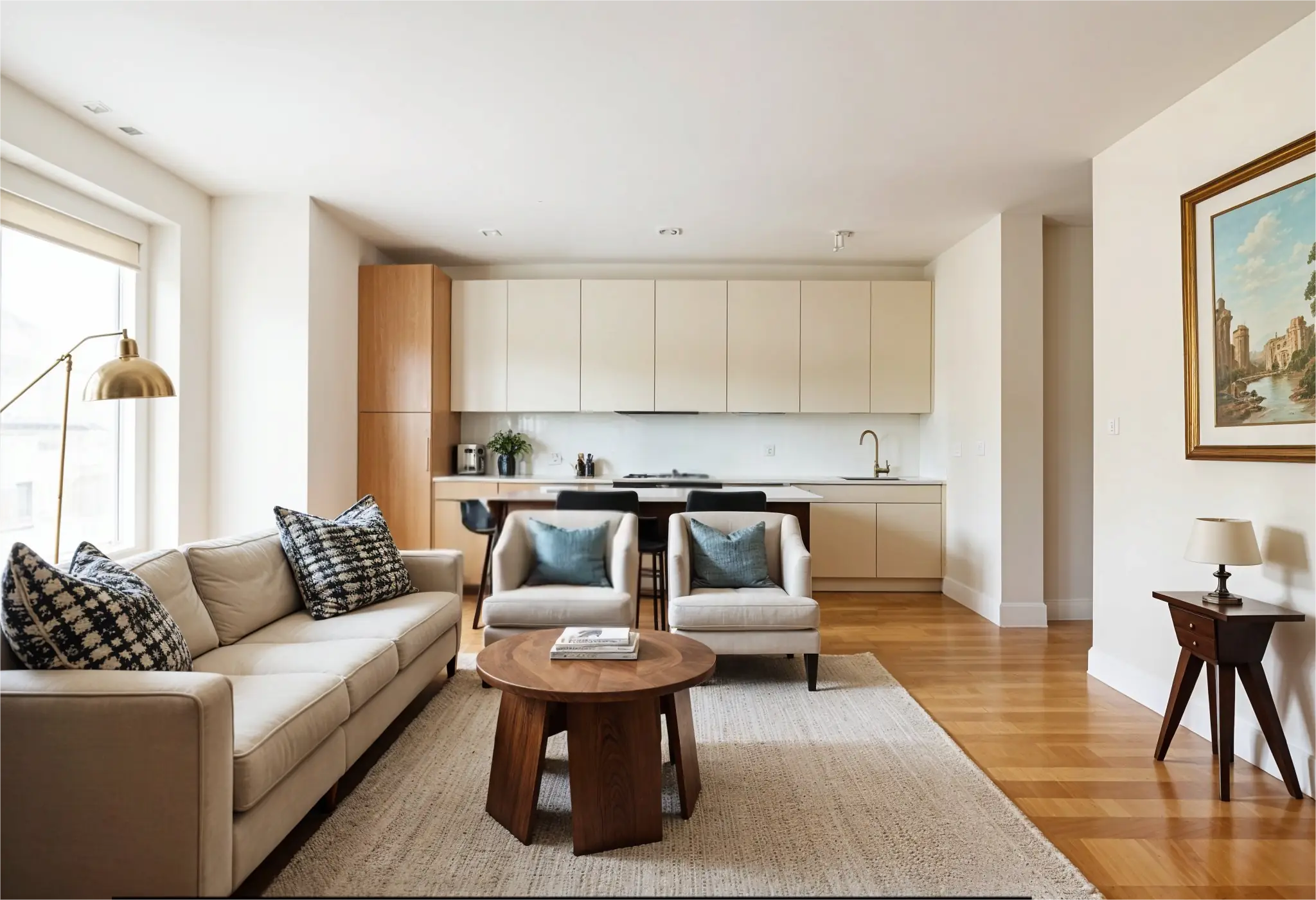 Interior with mostly modern furnishings and carefully placed vintage accents.