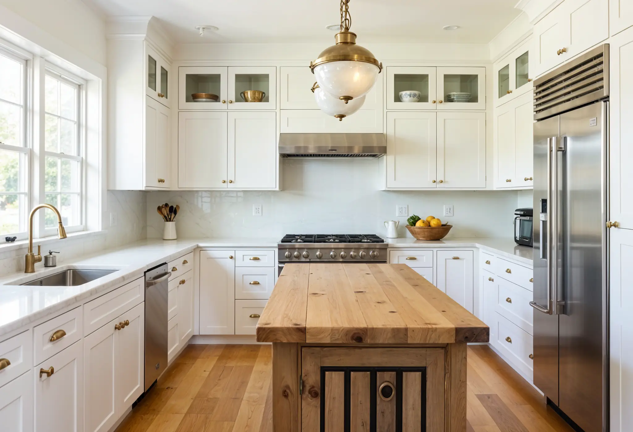 Contemporary kitchen with brass hardware and reclaimed wood island.