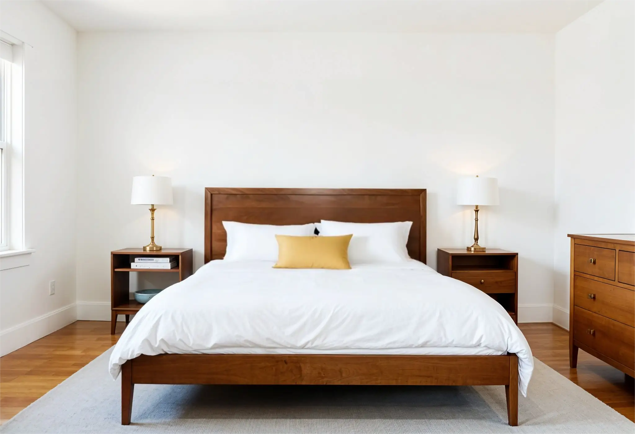 Modern bedroom with vintage nightstands and contemporary lighting.