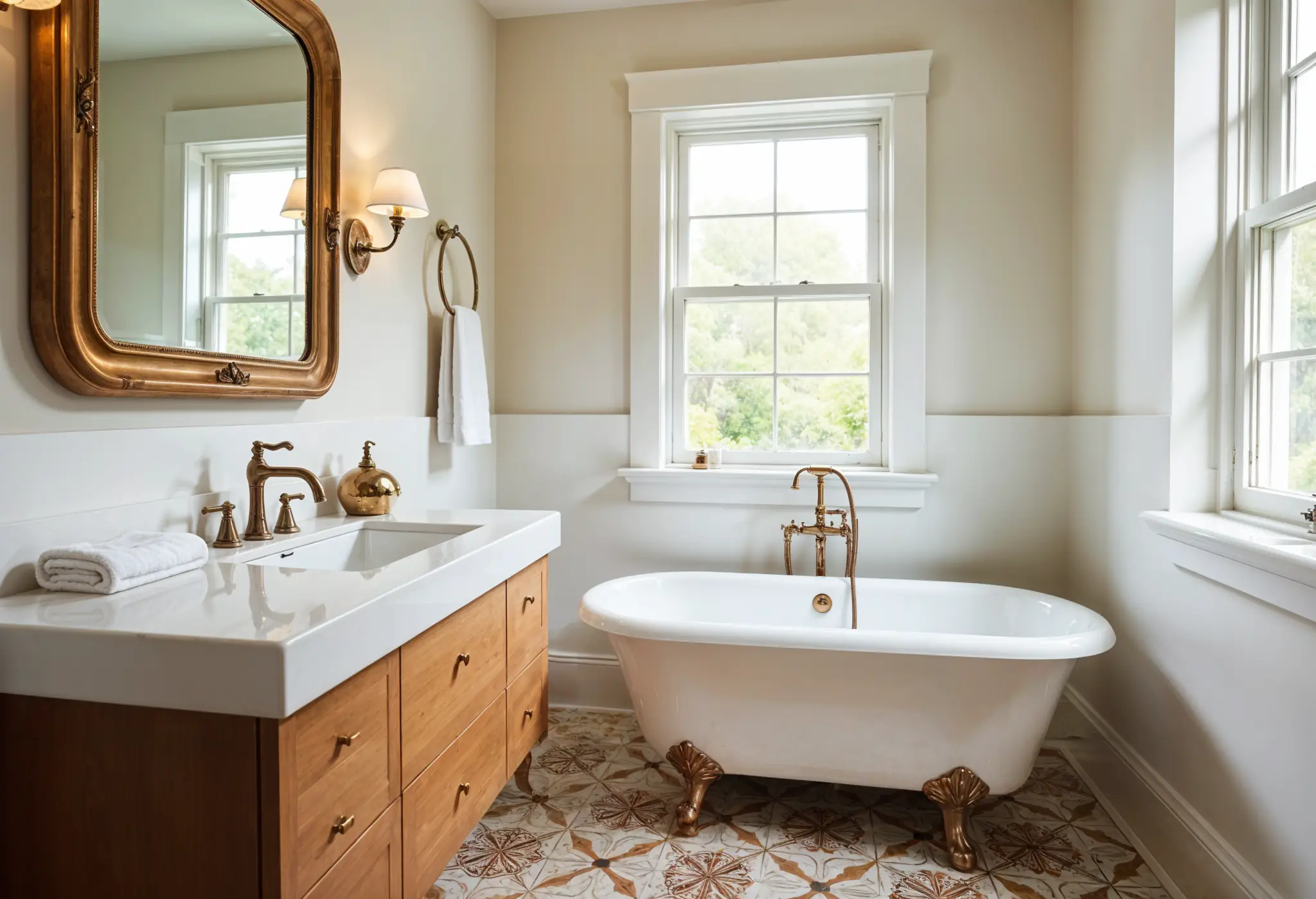 Bathroom with vintage mirror, clawfoot tub, and modern vanity.