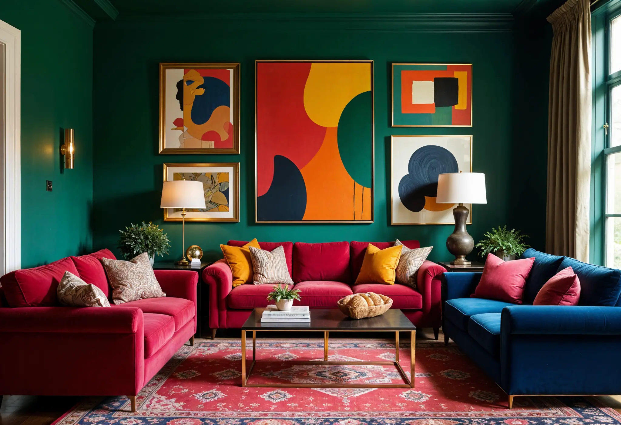 Maximalist living room with jewel-toned velvet furniture, art-filled walls, and layered decor.