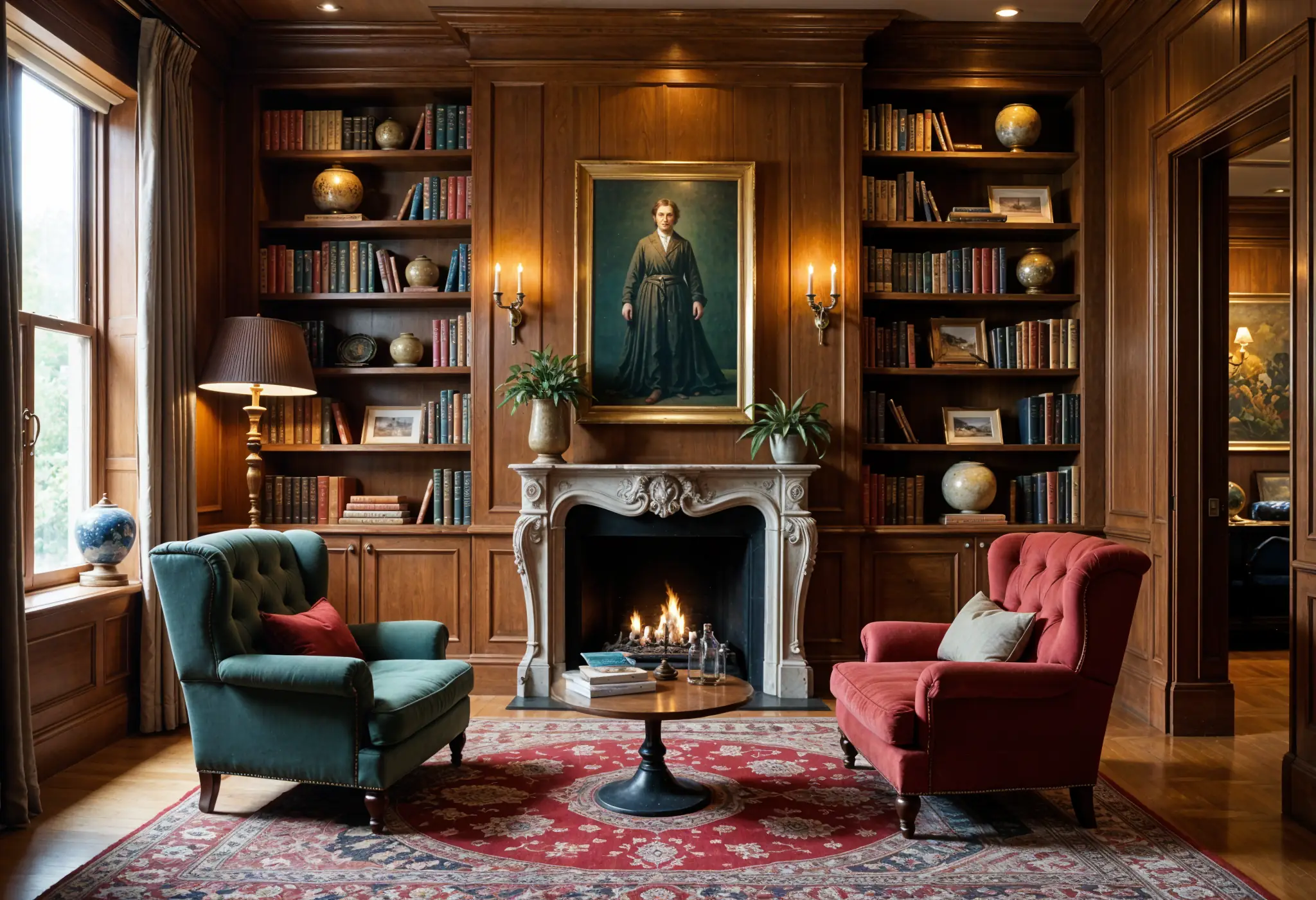Maximalist library with velvet chairs, antique decor, and rich walnut bookshelves.