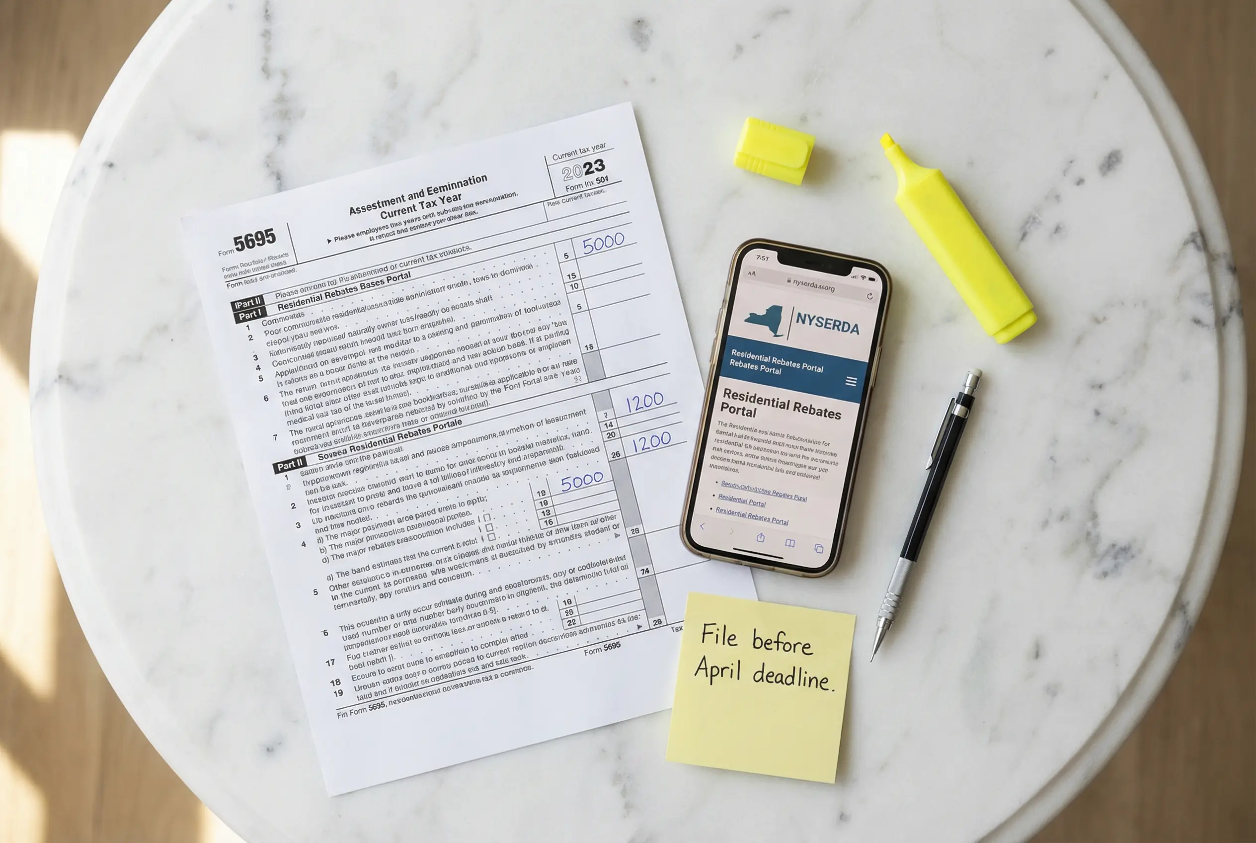IRS Form 5695 and NYSERDA rebate portal on phone for Manhattan homeowner energy efficiency tax credits 2026