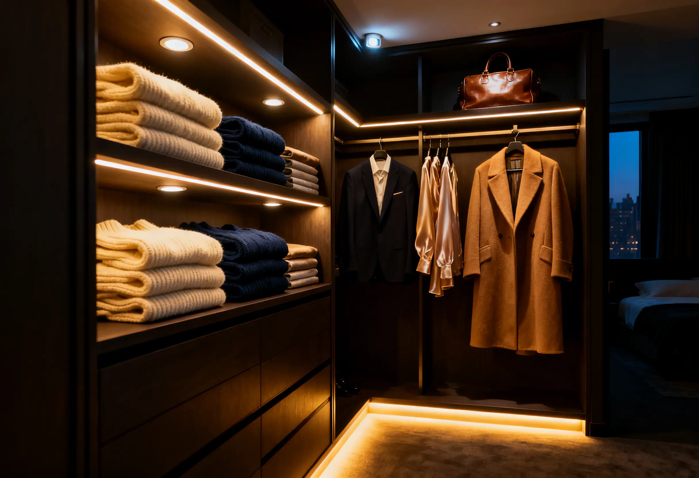 Luxury custom closet interior with layered LED strip lighting puck lights and toe kick illumination in Manhattan bedroom at dusk