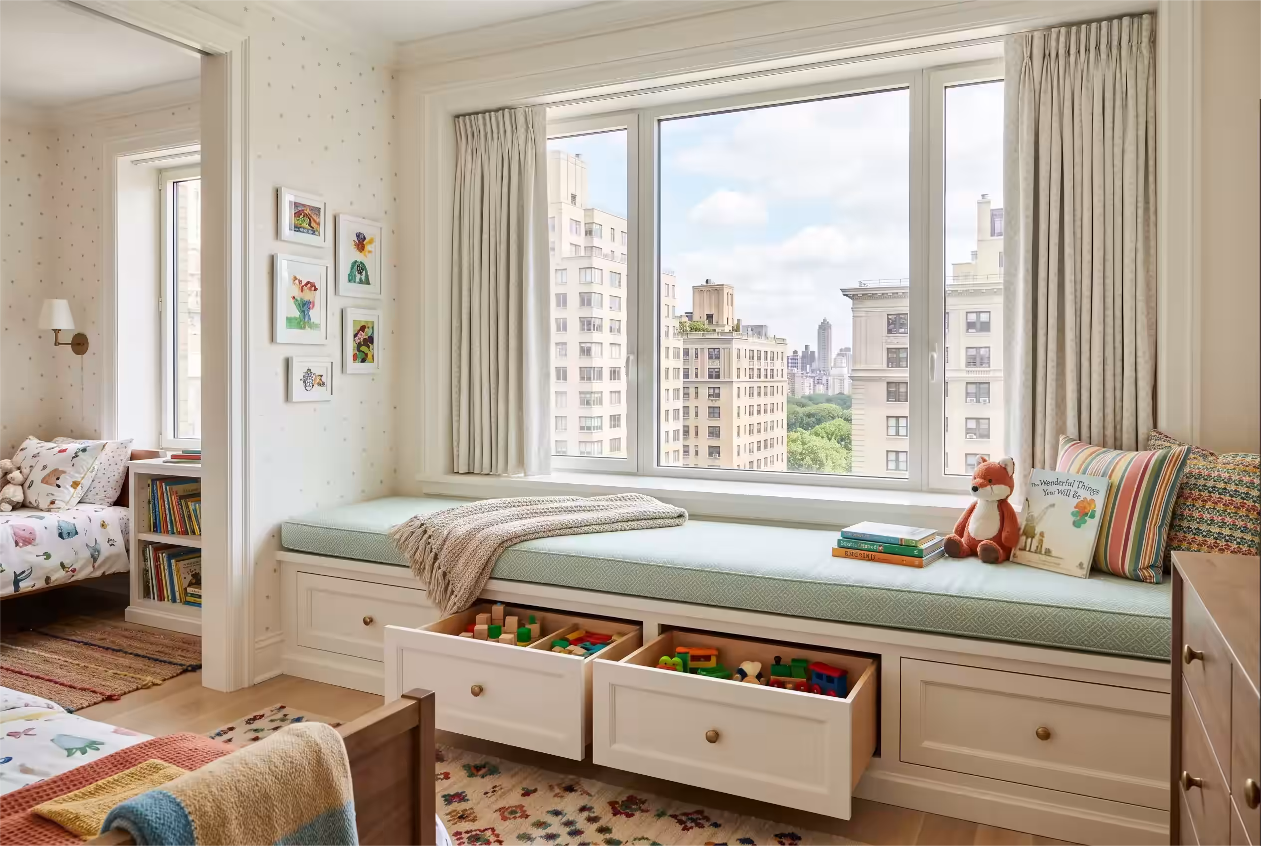 children's bedroom window seat with drawer storage custom millwork nyc